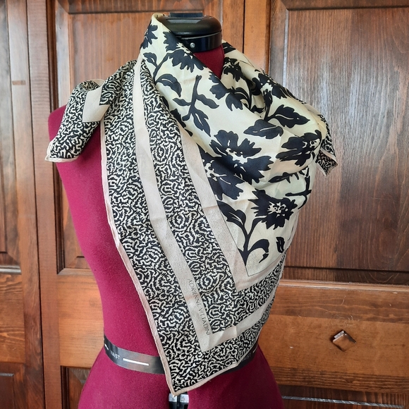 Adrienne Vittadini Accessories - Adrienne Vittadini Silk Square Scarf Tan Cream Black Floral Pattern Semi-sheer